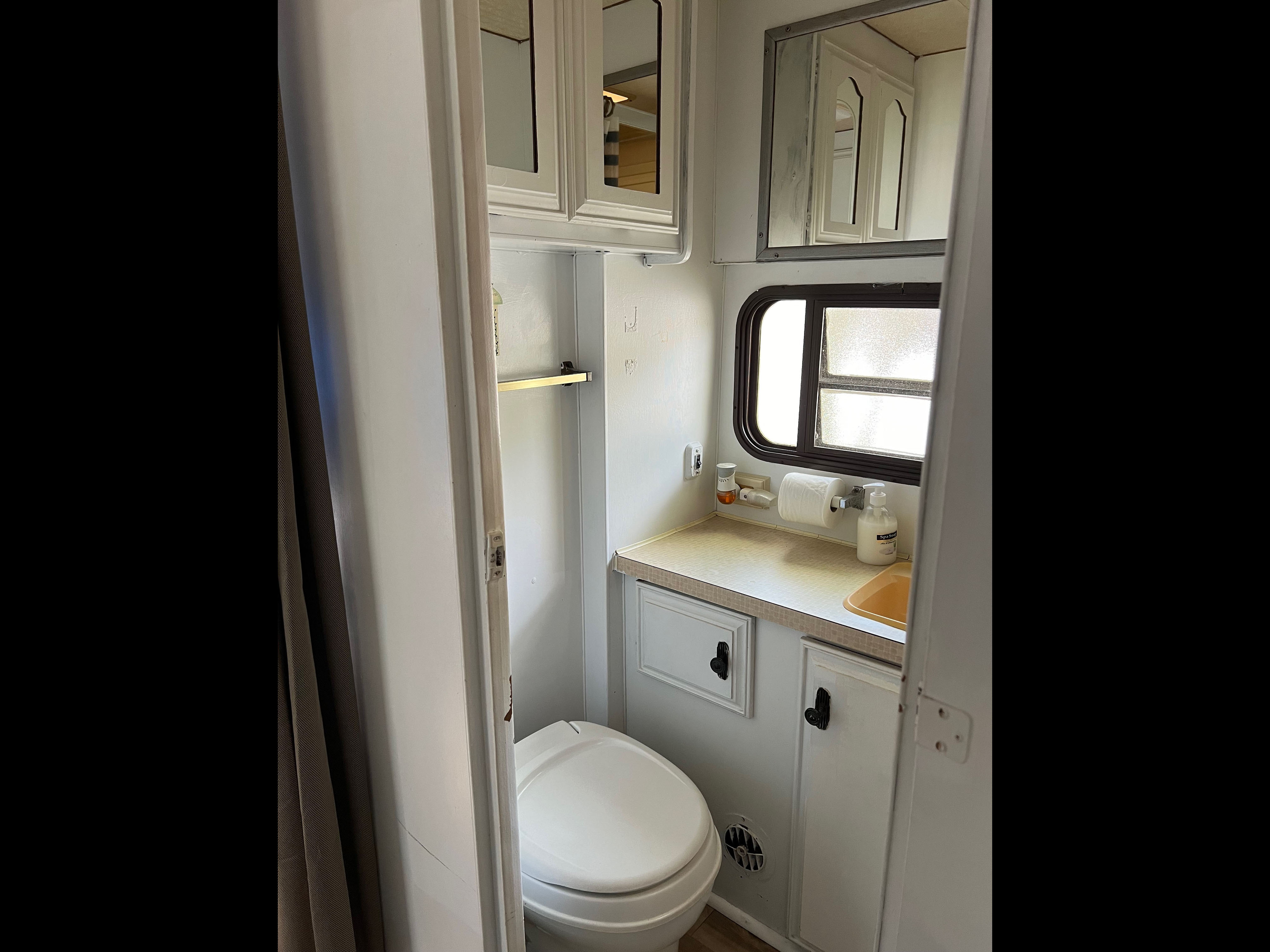 Retro trailer interior view of the bathroom vanity